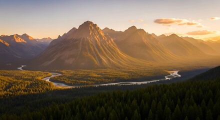 Golden hour sunlight illuminating a vast mountain valley with a winding river and dense forest