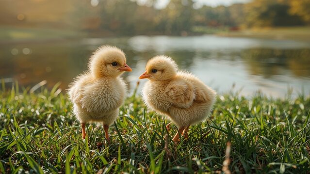 Two fuzzy chicklings standing on grass near a water body in a natural outdoor setting.