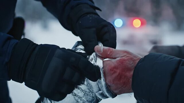 Assistance to injured in snow, with an officer applying a bandage to injured person's bloody hand. Wounded recipient gains assistance in snow