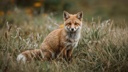 Obraz premium A fox sitting in tall grass in a natural outdoor setting, surrounded by greenery.