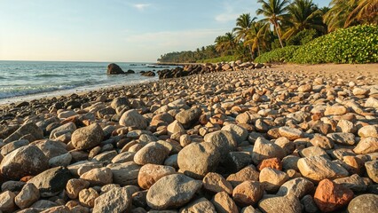 Rocky beach with palm trees and ocean view at sunset. Tropical coastal scenery, nature, relaxation, and travel destination.