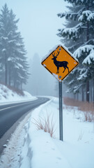 Cinematic deer warning triangle partially covered in snow on roadside with frosty winter background