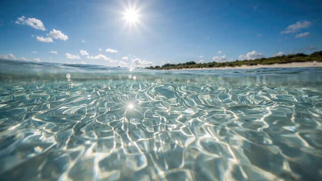 A clear ocean view with sunlight reflecting on the water, showing the tranquil beach and sky. - Powered by Adobe