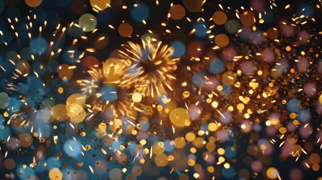 Dynamic Golden and Blue Bokeh Lights with Glitter Particles for Festive Background