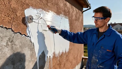 Medium shot of a technician applying elastomeric coating to an exterior wall showcasing flexible protection against cracks and extreme weather conditions.