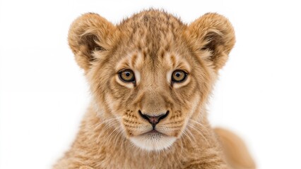 Obraz premium Young lion cub face with detailed fur and expressive eyes, isolated on white background.