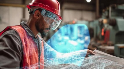 Engineer using augmented reality glasses to view a blueprint in a factory - Powered by Adobe