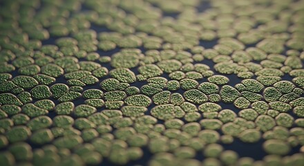 Macro shot of duckweed floating on dark water surface intricate green patterns