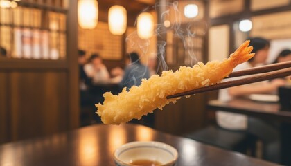 Fresh tempura in Japanese restaurant capturing culinary culture dining ritual hot comfort food and authentic Asian tradition