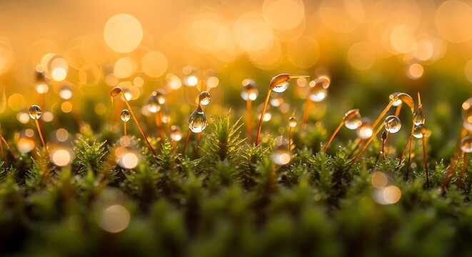 macro photography of dew drops on moss illuminated by golden sunlight with bokeh background