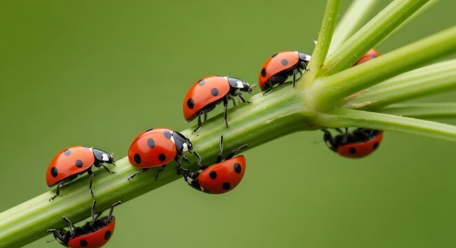 Macro photography of seven ladybugs clustered on a vibrant green plant stem