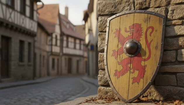 Wooden shield with lion emblem evoking heraldry medieval defense symbolism European town history and cultural identity