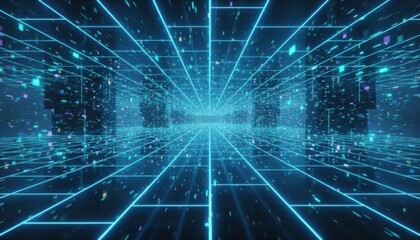 Neon blue digital corridor with glowing grid and particles representing cyberspace metaverse and virtual reality future