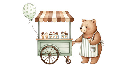 Charming illustration of a friendly bear selling delicious frozen ice cream treats from a cute vintage-style cart, perfect for summer fun and sweet delights for all ages