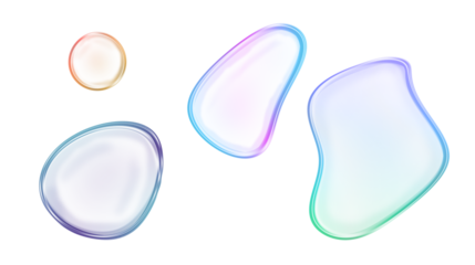 A collection of iridescent soap bubbles and liquid blobs with vibrant, colorful reflections, showcasing their delicate, transparent nature, isolated on transparent background