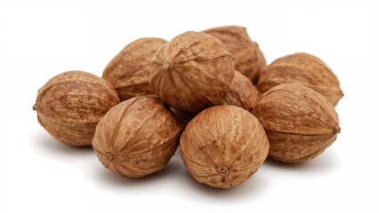 Group of whole walnuts with brown shells on a white background.