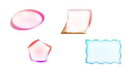 Abstract translucent colorful shapes with soft edges and glossy textures, featuring various geometric and organic forms, isolated on white background