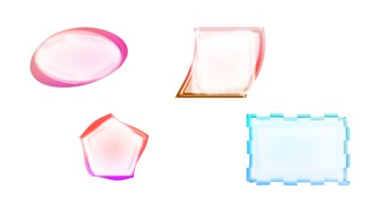 Abstract translucent colorful shapes with soft edges and glossy textures, featuring various geometric and organic forms, isolated on white background