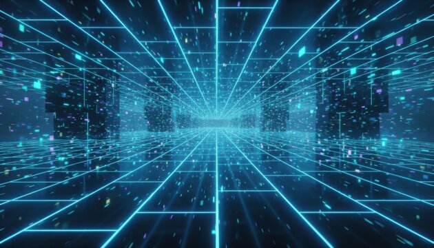 Neon blue digital corridor with glowing grid and particles representing cyberspace metaverse and virtual reality future