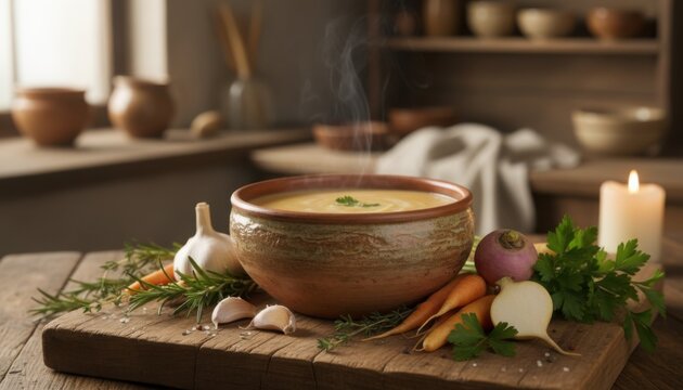 Warm rustic soup scene with vegetables and candle conveying comfort cooking tradition and autumn mood