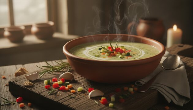 Green vegetable cream soup topped with colorful dice and herb in clay bowl with candlelight cozy dinner mood