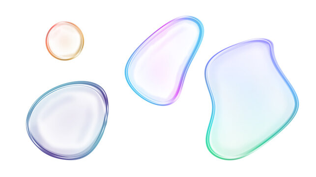 A collection of iridescent soap bubbles and liquid blobs with vibrant, colorful reflections, showcasing their delicate, transparent nature, isolated on transparent background