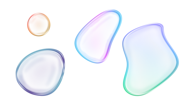 A collection of iridescent soap bubbles and liquid blobs with vibrant, colorful reflections, showcasing their delicate, transparent nature, isolated on transparent background - Powered by Adobe