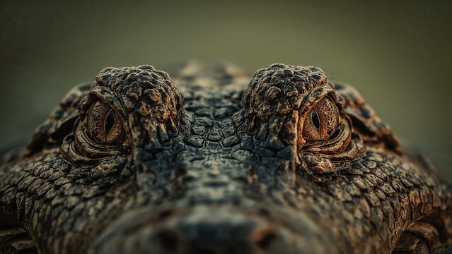Close-up of a crocodile's face, detailing its textured skin and eyes. Reptile nature photography. Wildlife and animal portrait. The focus on the crocodile's facial features.