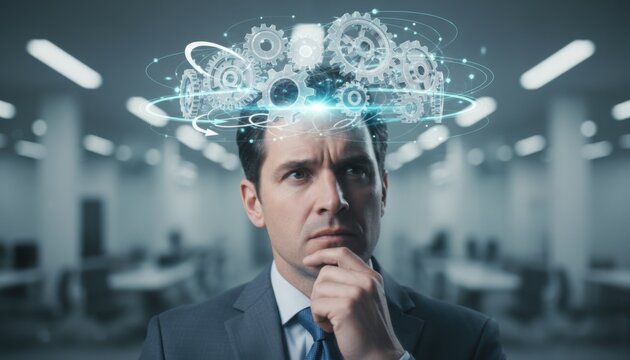 problem solving concept with digital gears showing analytical thinking in workplace environment