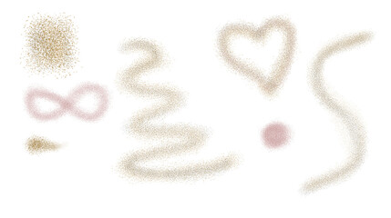 Shimmering glitter shapes and textures, featuring a heart, infinity symbol, zigzag line, and scattered dots, in elegant gold and delicate pink hues, isolated on transparent background