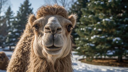 Obraz premium Close-up of a camel's face with trees and snow in the background. Animals and wildlife, nature photography. The focus on the animalâ€™s face and expressive eyes.