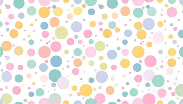A whimsical pattern of multicolored circles scattered across a bright white background, creating a playful, abstract design
