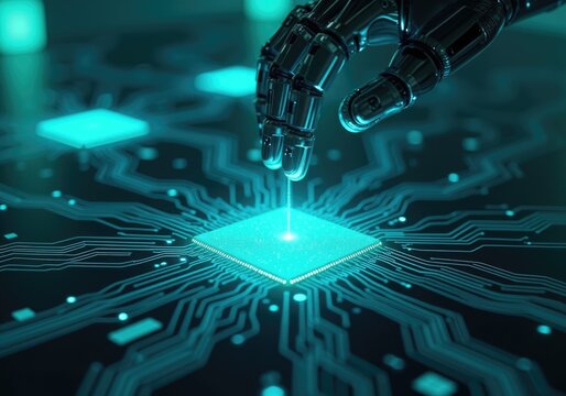 Robotic arm installing central processing unit on motherboard