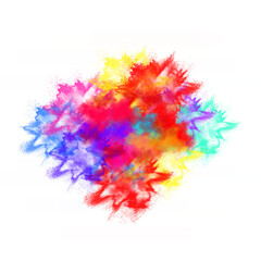 A vibrant explosion of colorful powder, featuring dynamic bursts of red, yellow, blue, green, and purple hues, abstractly scattered and isolated on transparent background