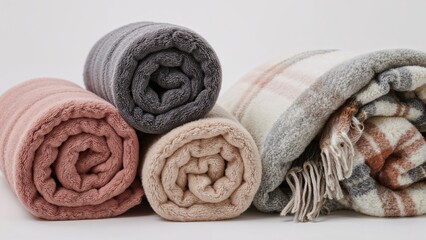Rolled towels or blankets in different colors, including pink, gray, beige, and plaid, arranged in a row on a plain background.