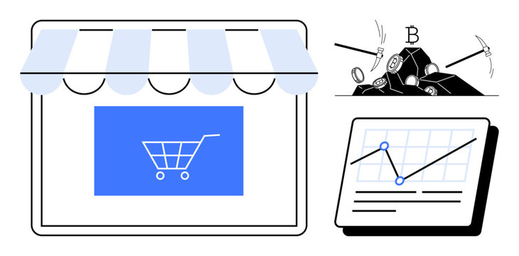Shop storefront with cart sign, cryptocurrency mining tools, and graph on screen highlighting e-commerce, blockchain, data analysis, digital economy, innovation, market trends, simple flat metaphor