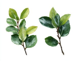 Fototapeta premium Vibrant Blueberry Foliage. Fresh Green Leaves Isolated on White Background, Perfect for Spring Plant and Garden Themes