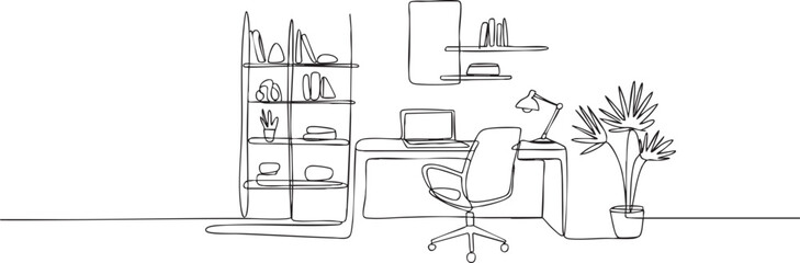 Minimalist Home Office Interior Design in Continuous Line Drawing Style © MR JOKER