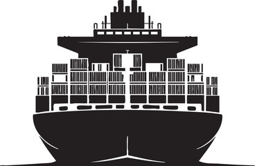 Bold black ship filled with cargo containers navigates through the sea, a silhouette