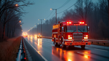 Festive firetruck at highway scene decorated with holiday lights and warm glow on road