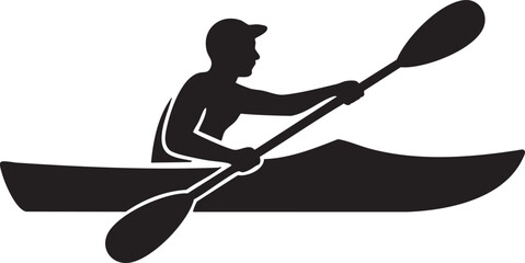 Isolated black silhouette shows a man kayaking with an oar on a transparent background