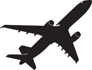 Isolated black silhouette shows an airplane with dual engines climbing on a transparent backdrop