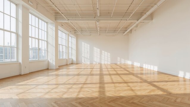 Empty loft space with large windows and wooden floor, bright sunlight streaming in, minimalistic and spacious interior design.