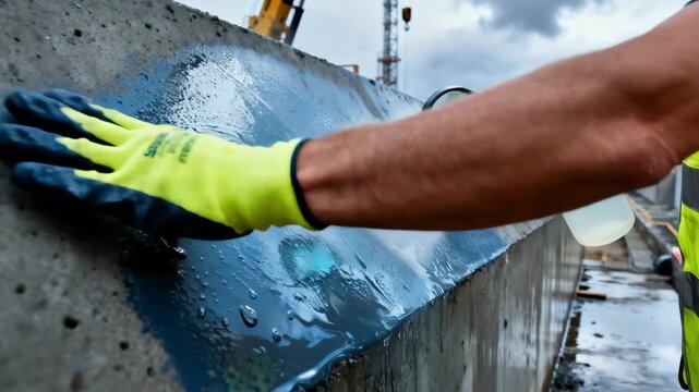 Medium shot of a worker inspecting silane weatherproof coating on concrete surfaces highlighting water repellency and enhanced durability in wet climates.
