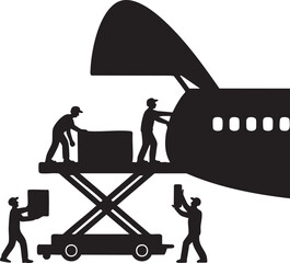 Silhouette depicts workers unloading boxes from a plane using a scissor lift for transport