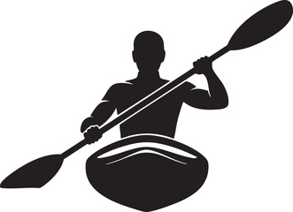 Silhouette depicts kayaker paddling through calm waters using a double bladed paddle on white
