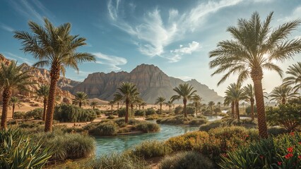 Tropical landscape with palm trees, mountain backdrop, and clear water stream under a bright blue sky with clouds.