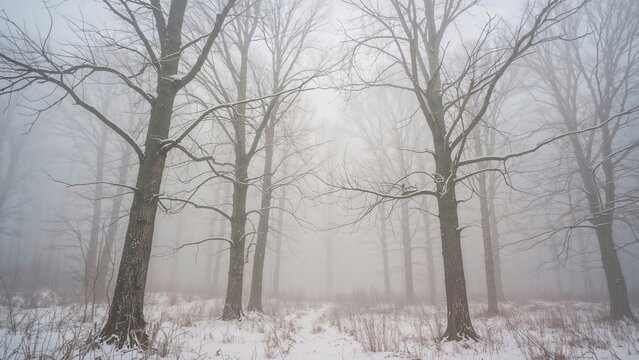 Snow-covered winter forest scene with bare trees and foggy atmosphere. Nature and cold weather, concept. Wilderness and winter scenery. The scene of a wintry forest.