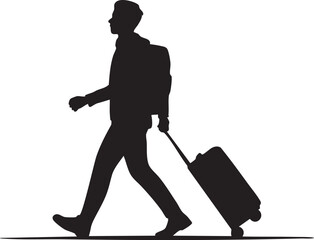 Silhouette man carrying suitcase walks with backpack against a white background in monochrome