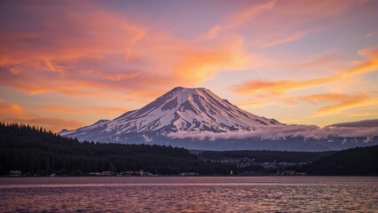 Snow-capped mountain at sunset with colorful sky and lake in the foreground.